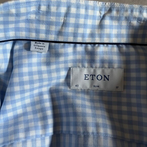 Eton Fine Twill Cotton Slim Check Button Up Shirt - Men's Size 43/17 - Blue - Picture 5 of 9